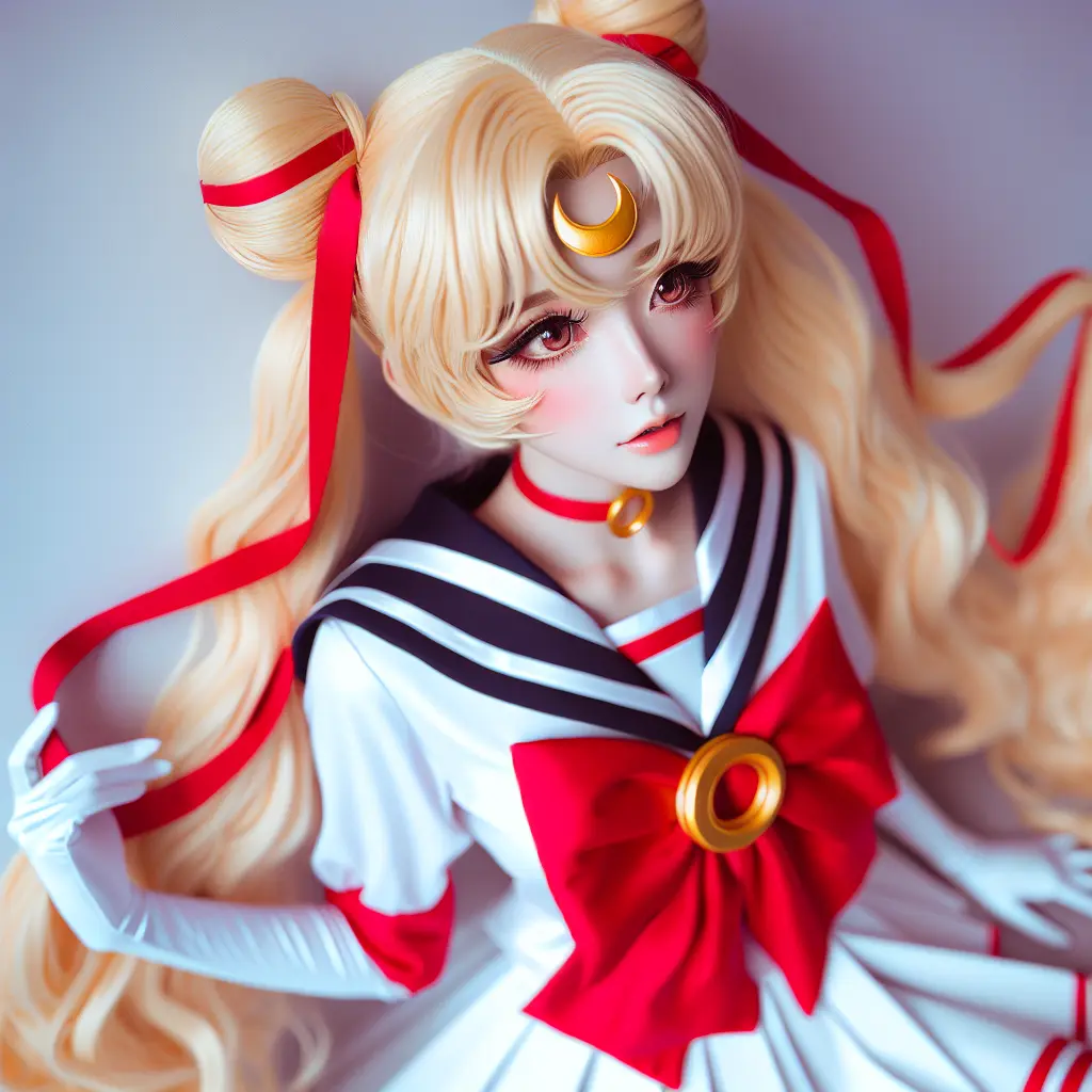 A cosplayer dressed as Sailor Moon. Photorealistic.